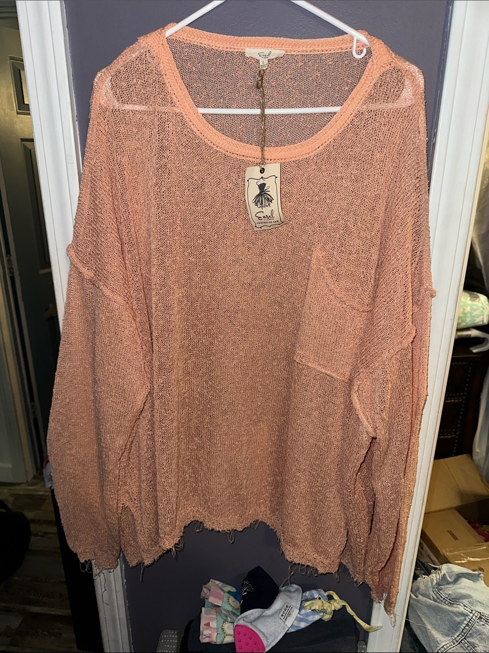 easel Peach Open-Knit Scoop Neck Sweater with Pocket